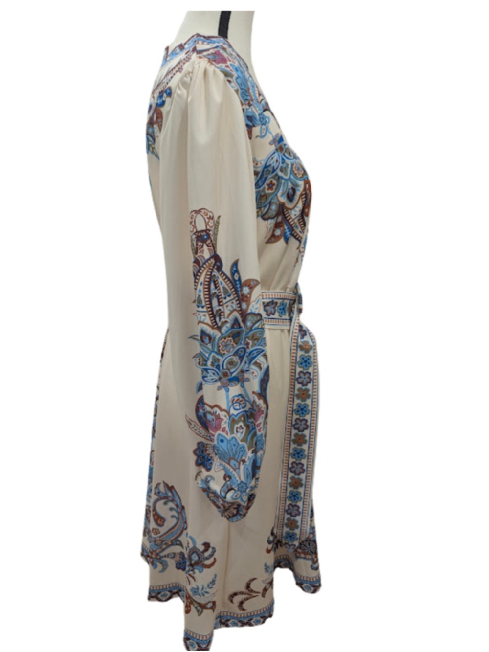 Paisley Belted Fit & Flare Dress Blue Ivory Boho Long Sleeve Size M - Picture 3 of 12